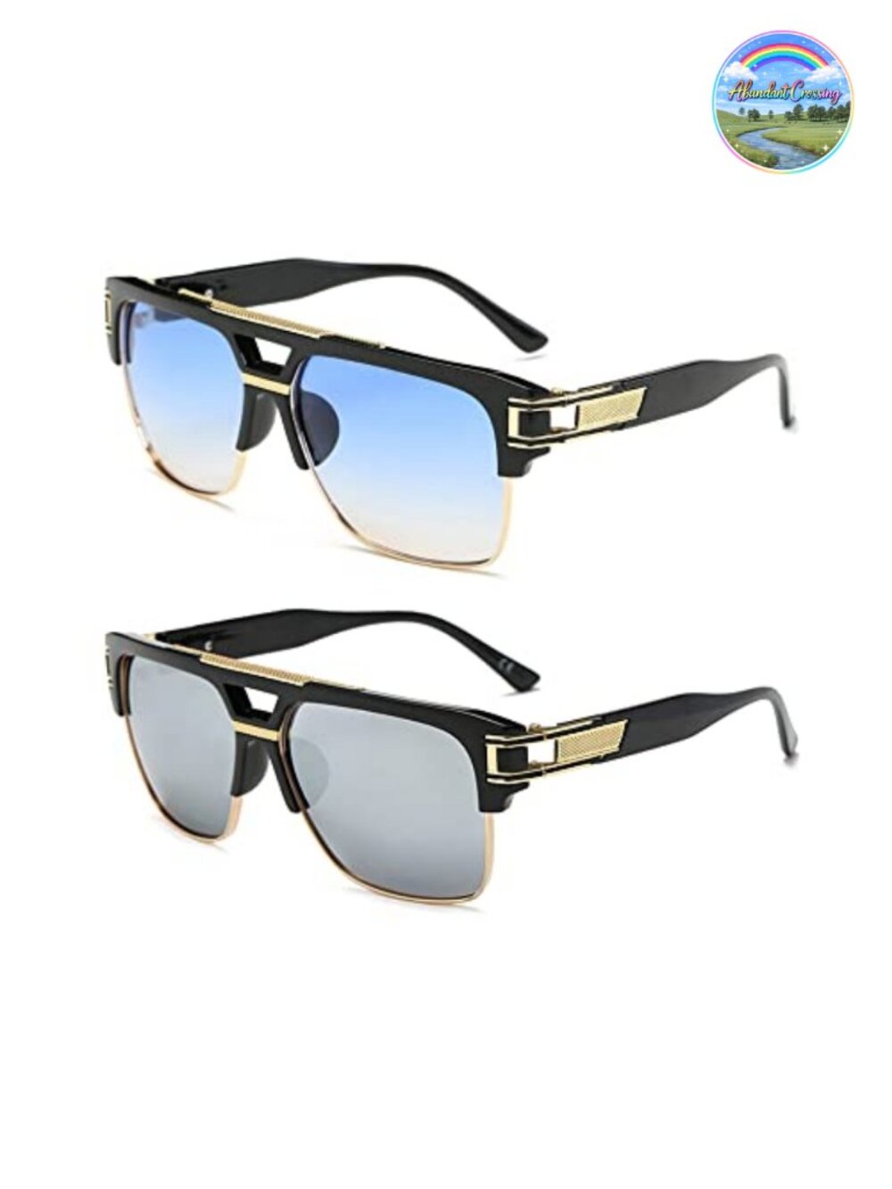 Retro Oversized Square Sunglasses Semi-Rimless Gold Alloy Frame UV400